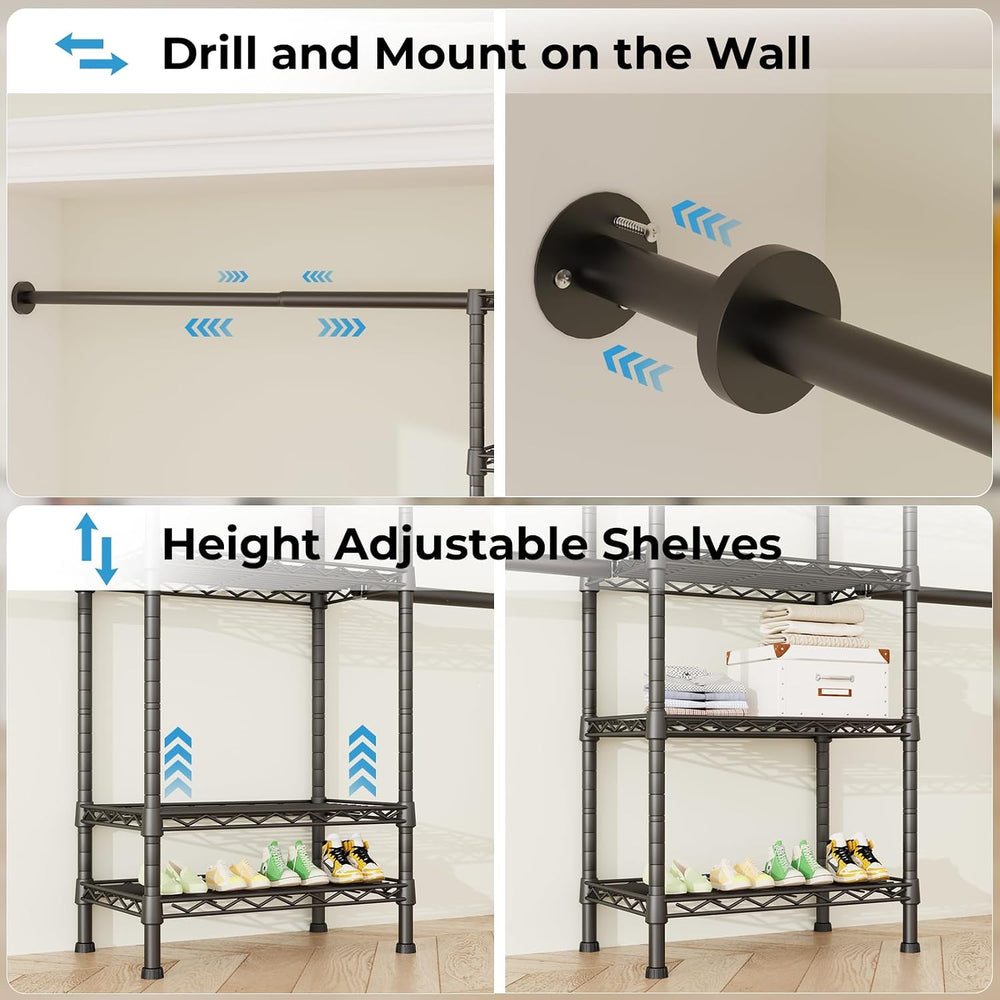 M5 Wall Mounted Clothes Garment Rack with 4 Hangers, Upgrade Black