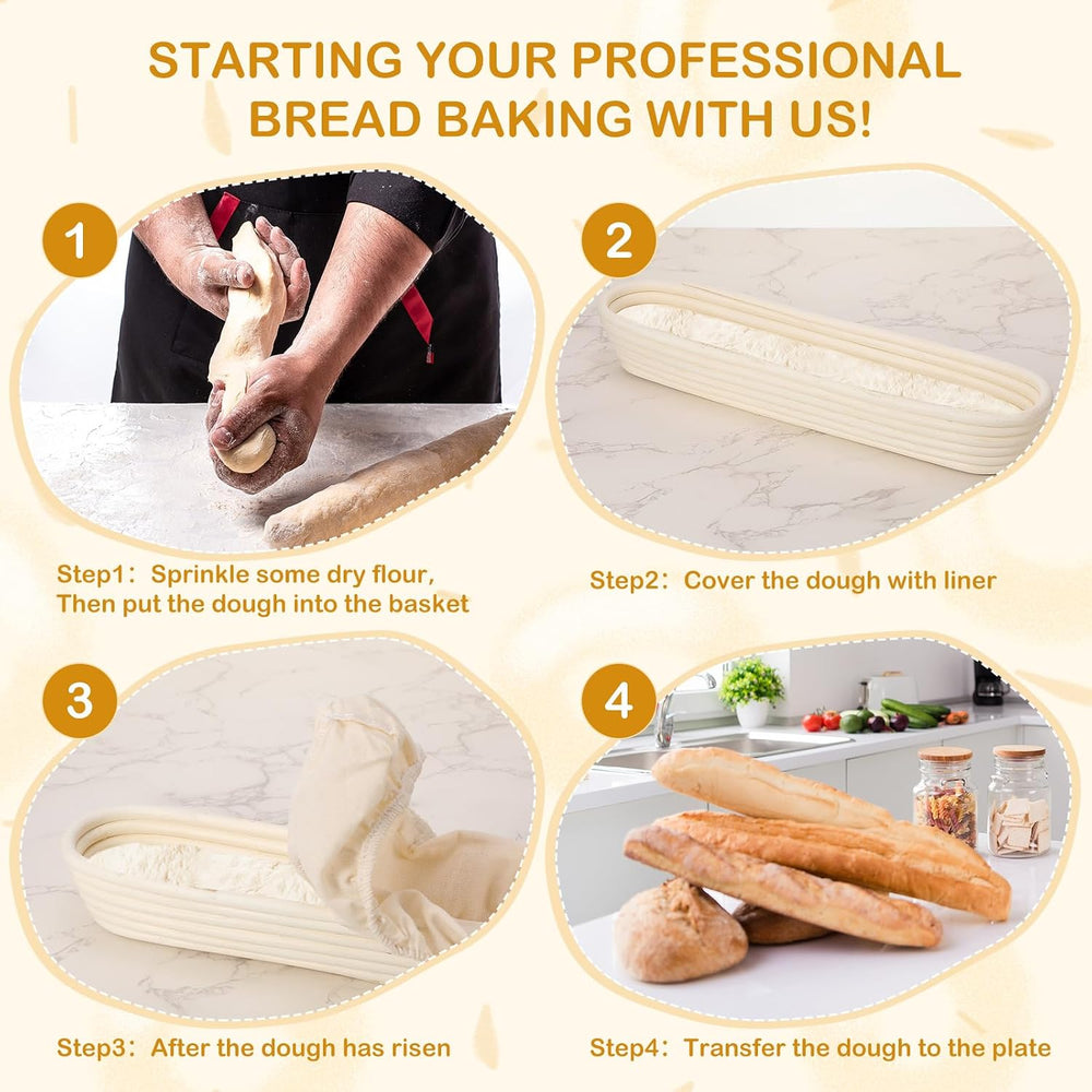 Vesici 15 Inches Baguette Banneton Proofing Basket 6 Pack with Linen Liner Ba...