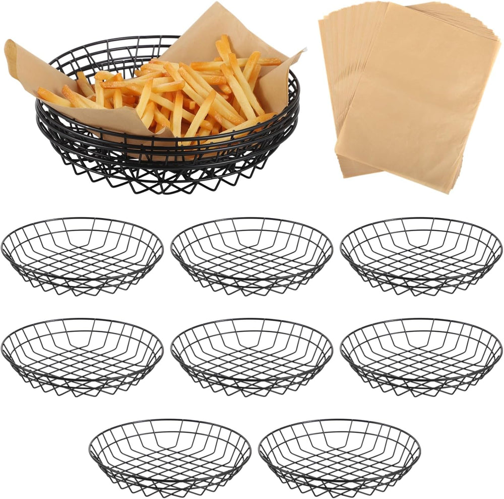12Pcs Round Wire Serving Baskets, Snack Trays w/Oil Absorbing Deli Wrapper