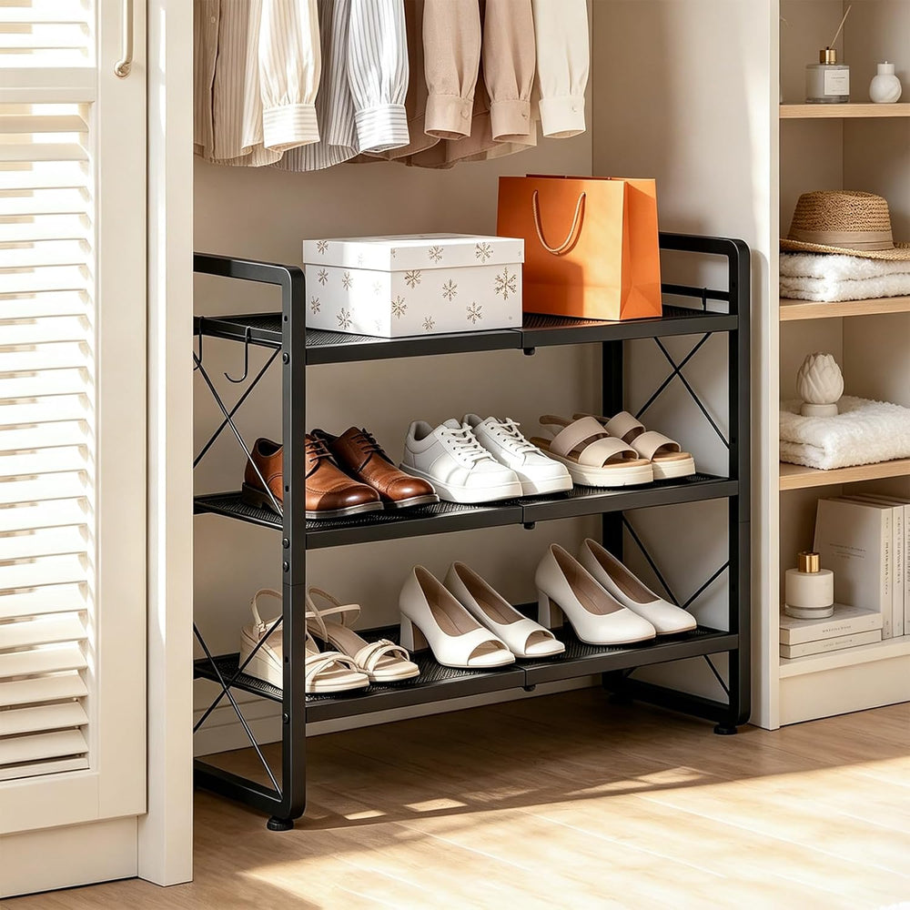 ELYKEN Expandable Shoe Rack for Closet, 3-Tier Metal Black Shoe Organizer