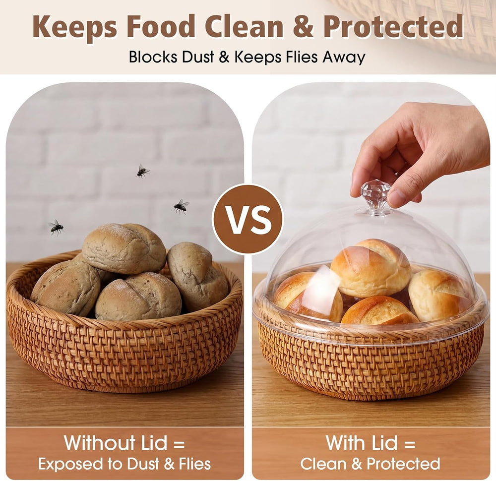 LemonRoad 2 Pcs Natural Rattan Bread Baskets with Acrylic Lid 8.6'' 7...