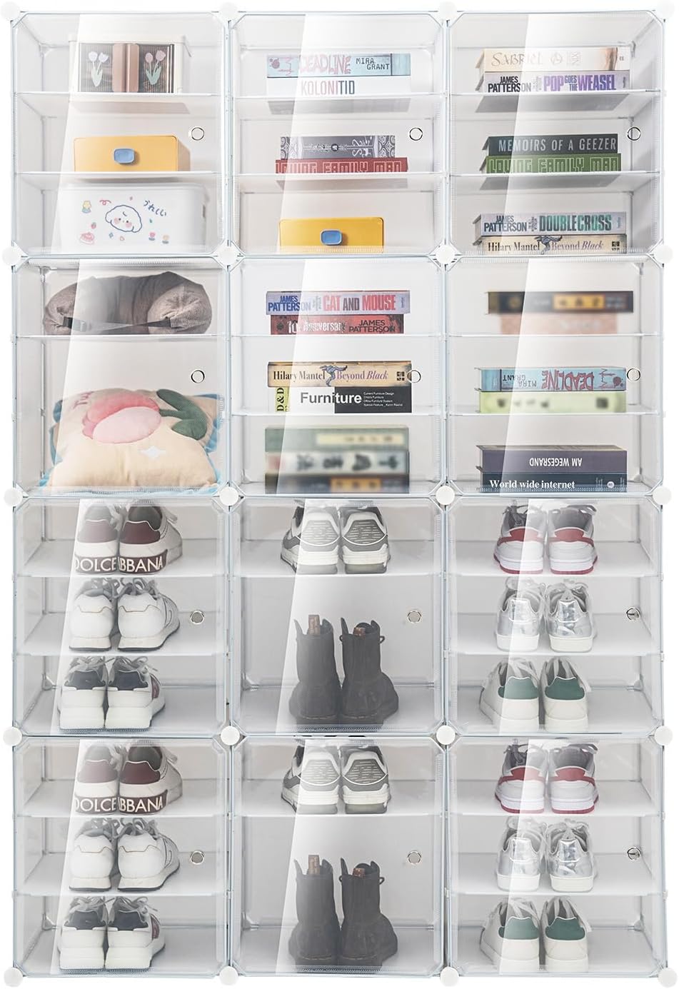 TENNIX 72 Pairs Foldable Shoes Box, 12 Tiers Clear Plastic Stackable Shoe Org...