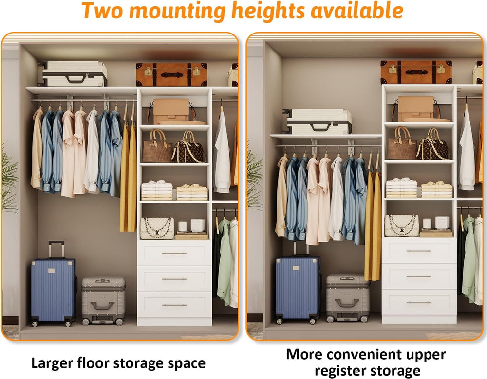 Closet System with Drawers, 5FT-8FT Closet Organizer System with 3 Cuttable S...