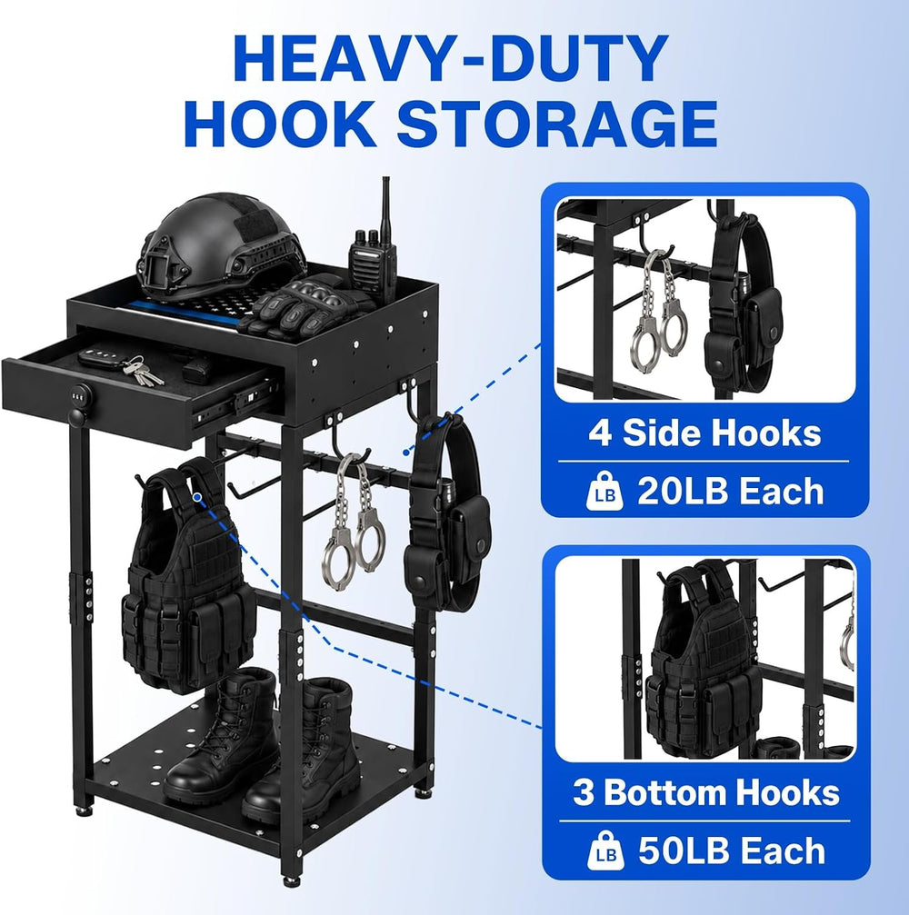 Police Gear Stand, Heavy Duty Steel Tactical Gear Rack w Lockable Drawer