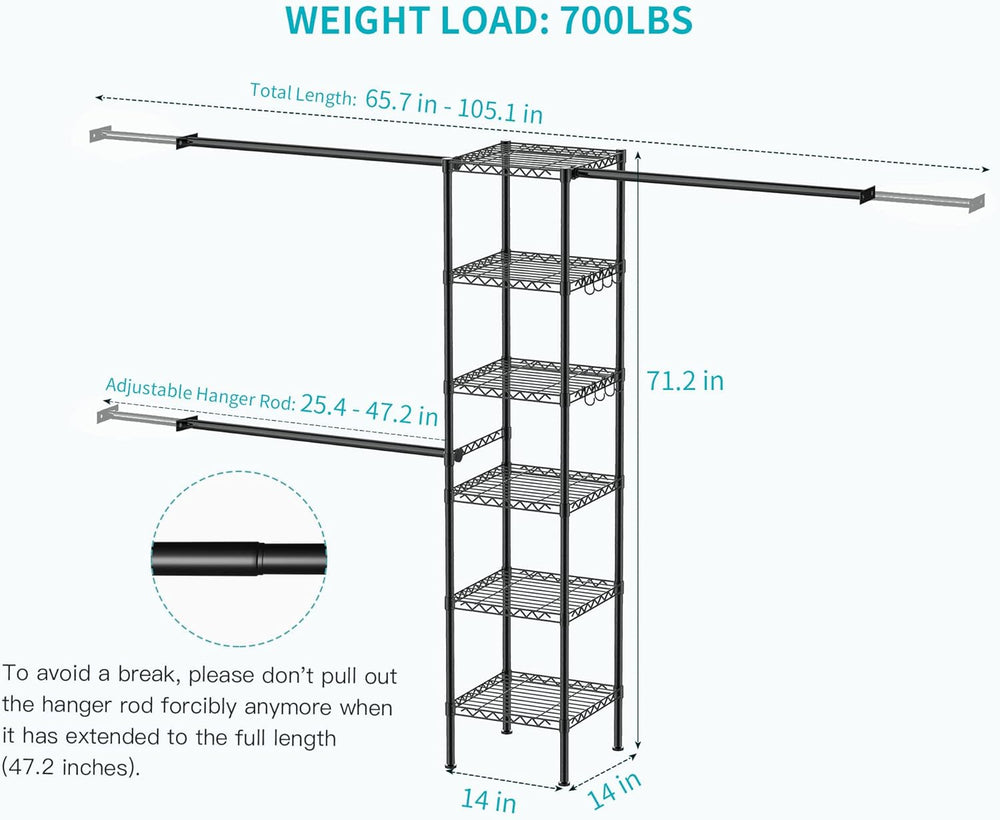 M1 Closet Storage Organizer System, 6 Tiers Heavy Duty Metal Clothing Garment...