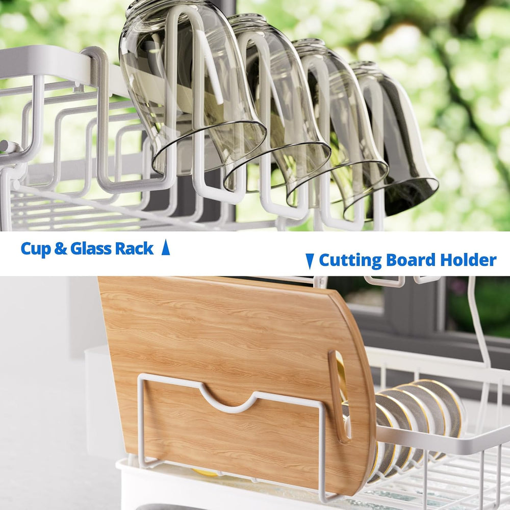 Godboat 2-Tier Dish Drying Rack - Dish Rack with Auto Drain-to-Sink & Mat