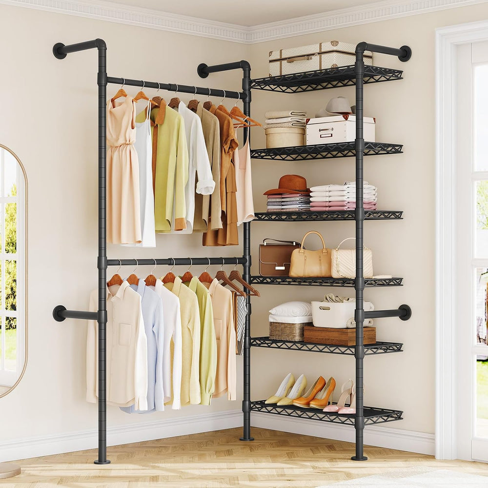 H2 Wall Mounted Clothing Rack, Expandable Industrial Pipe Clothes Rack Garmen...