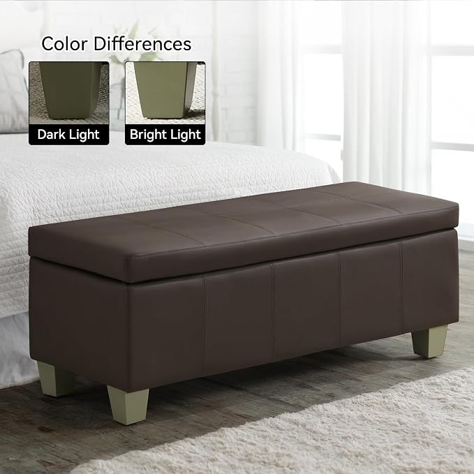 51" Faux Leather Storage Ottoman, Stitch Tufted Rectangle Upholstered En...