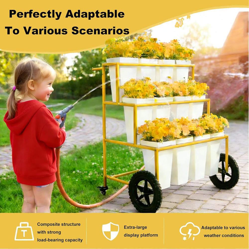 White3 Tier Metal Flower Cart Display Stand with Wheels, Mobile