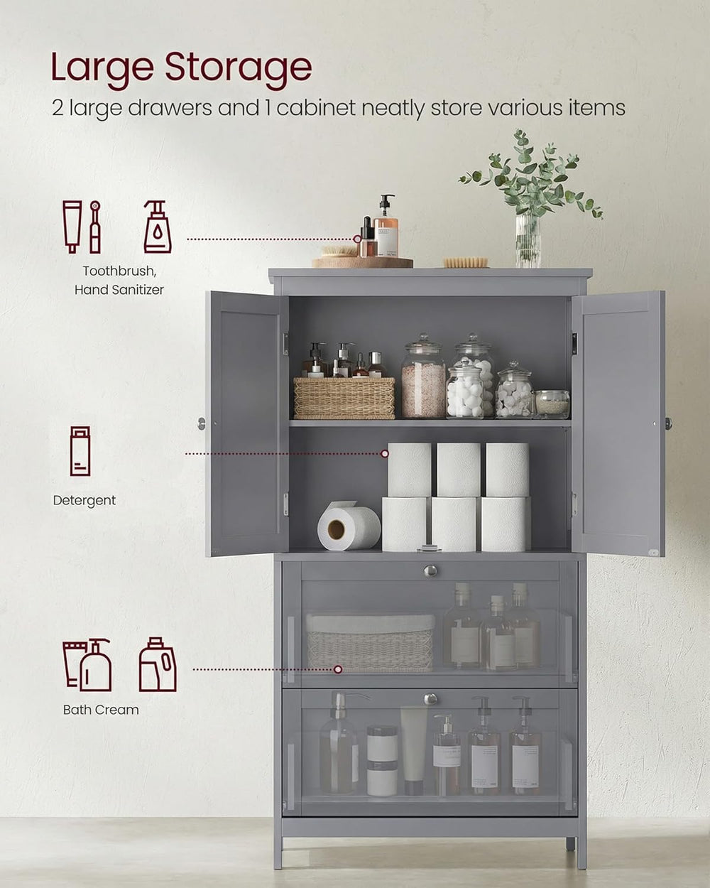 VASAGLE Bathroom Storage Cabinet with 2 Doors, 2 Drawers, Dove Gray