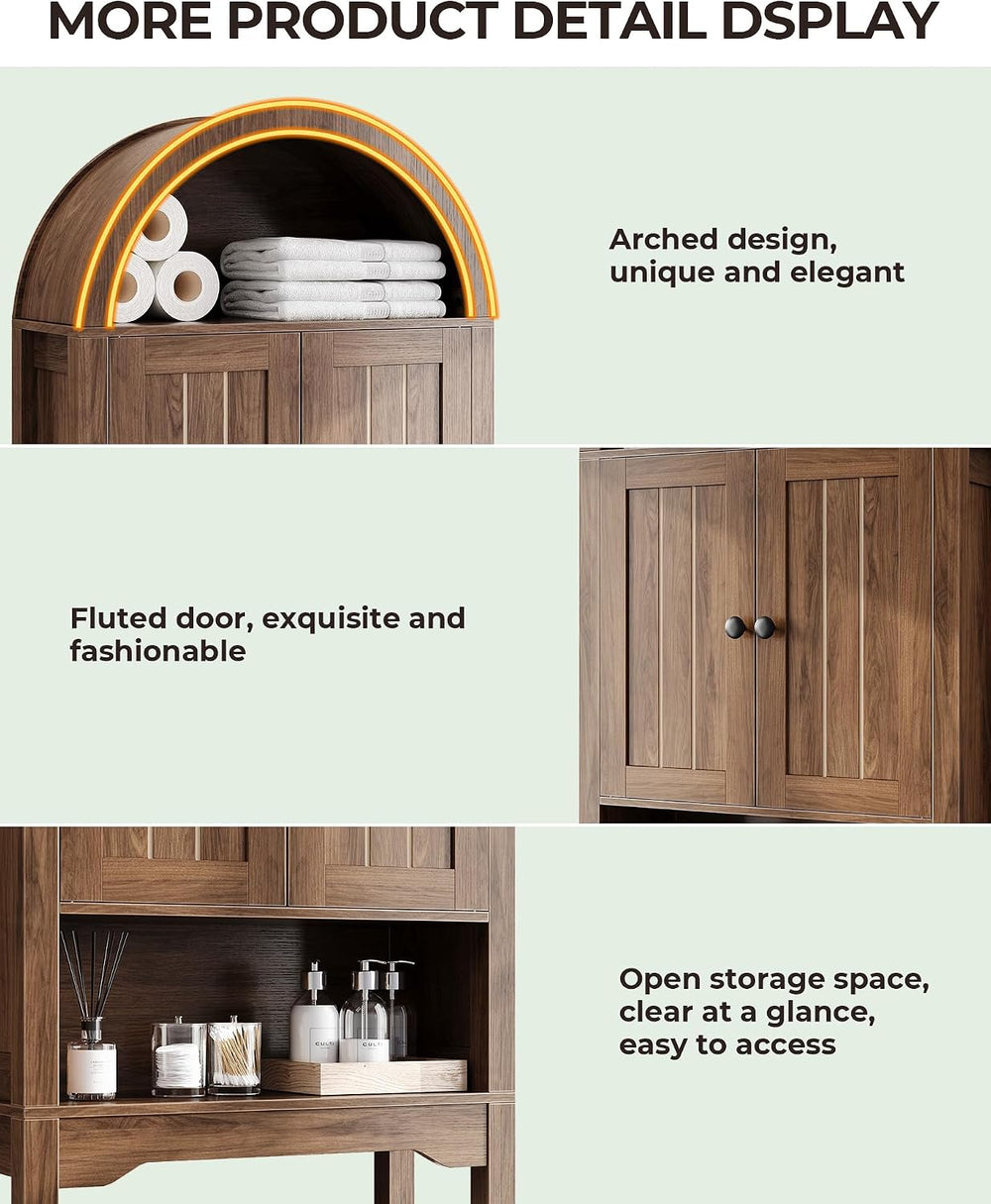Arched Over the Toilet Storage Cabinet with Fluted Doors, Wood, Walnut