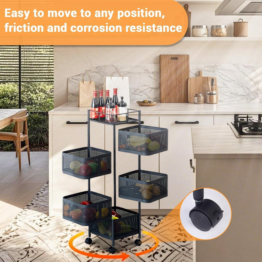 5 Tier Rotating Rolling Storage Cart with Top Lid & 360° Wheels, Metal Me...