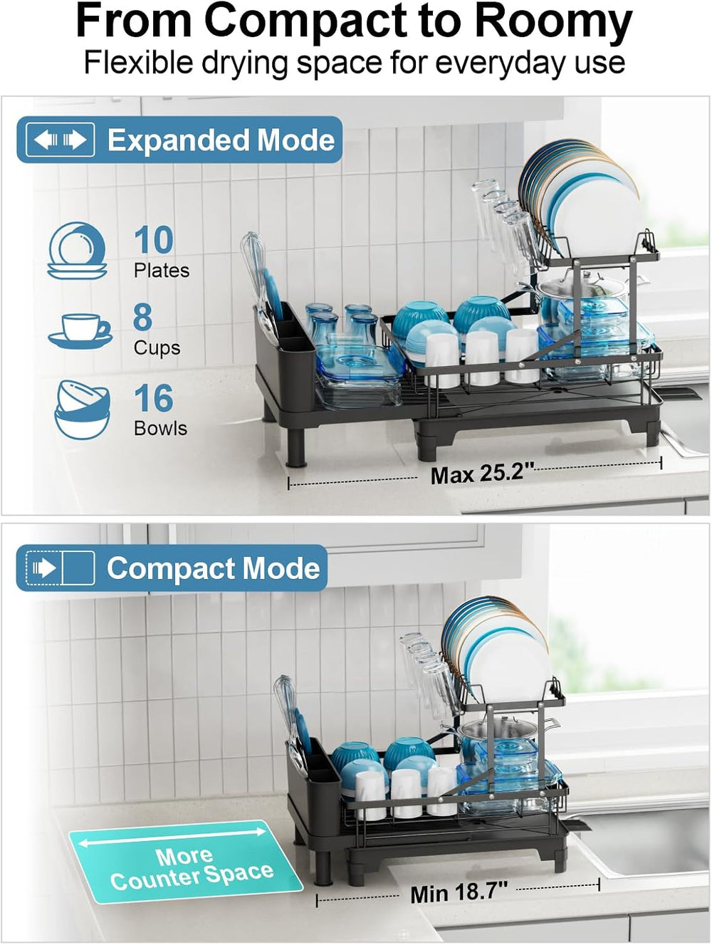 GSlife Large Expandable 2 Tier Dish Drying Rack for Kitchen Counter, Black