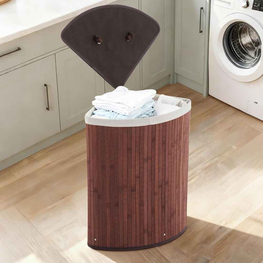 Bamboo Corner Laundry Hamper with Lid – 58L Large Collapsible Clothes Basket ...