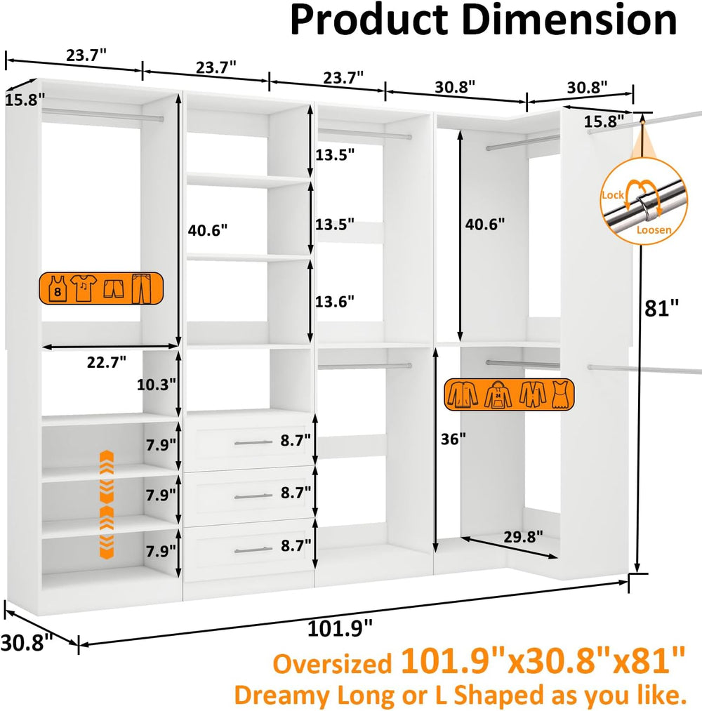 Closet Organizer System of 4 Sets with 3 Drawers, 9 Hanging Rods & 8 Shel...