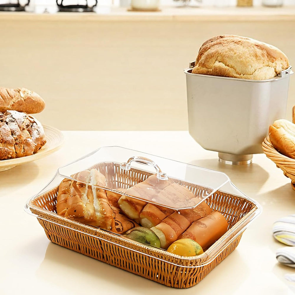 Rattan Bread Baskets, 3 Pack, rectangular Woven Baskets with Acrylic Lids, 13...