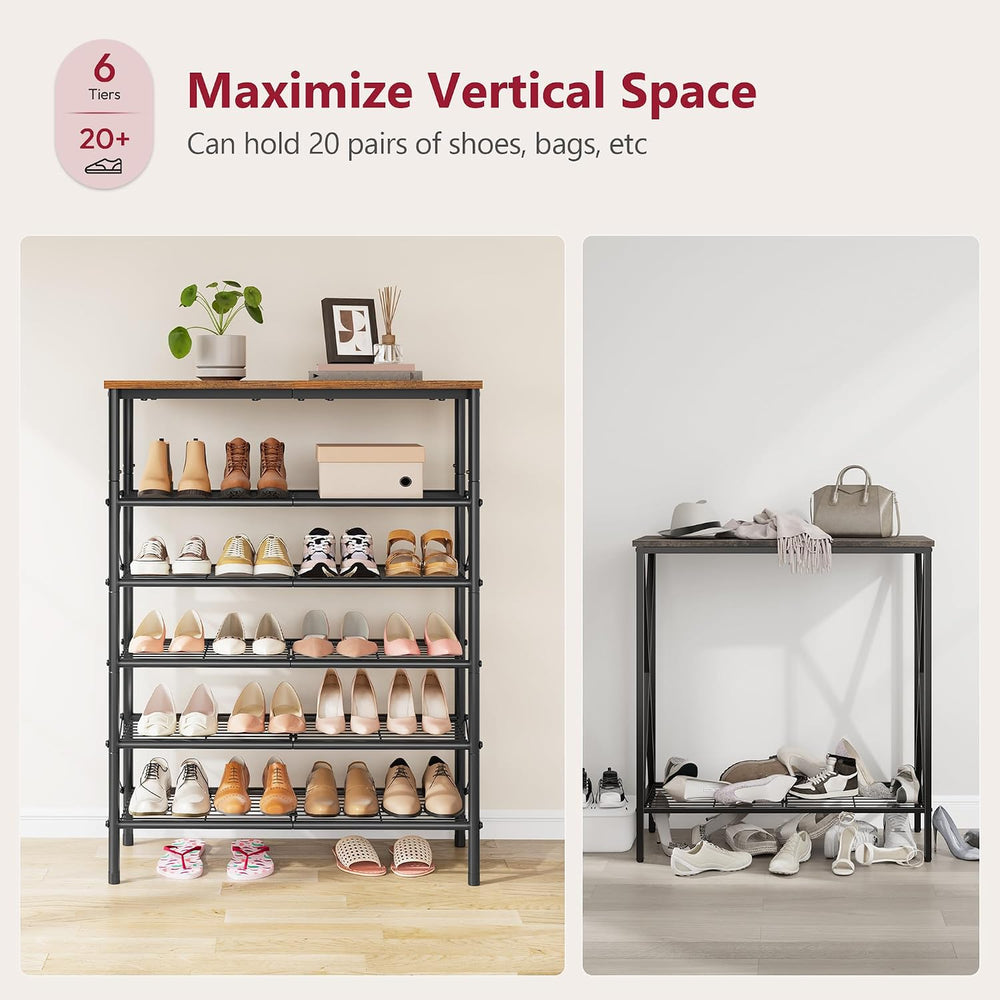 Tajsoon 6 Tier Shoe Rack for 20-24 Pairs of Shoes, Rustic Brown & Black