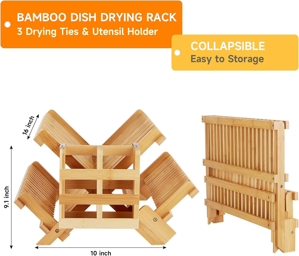 Bamboo Dish Drying Rack, 3-Tier Collapsible Wooden Dish Rack with Utensil Hol...