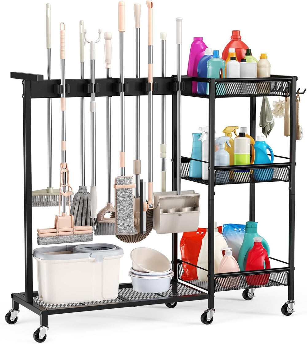 Broom Holder with Cleaning Supplies Organizer, Cleaning Utility Cart on Wheel...