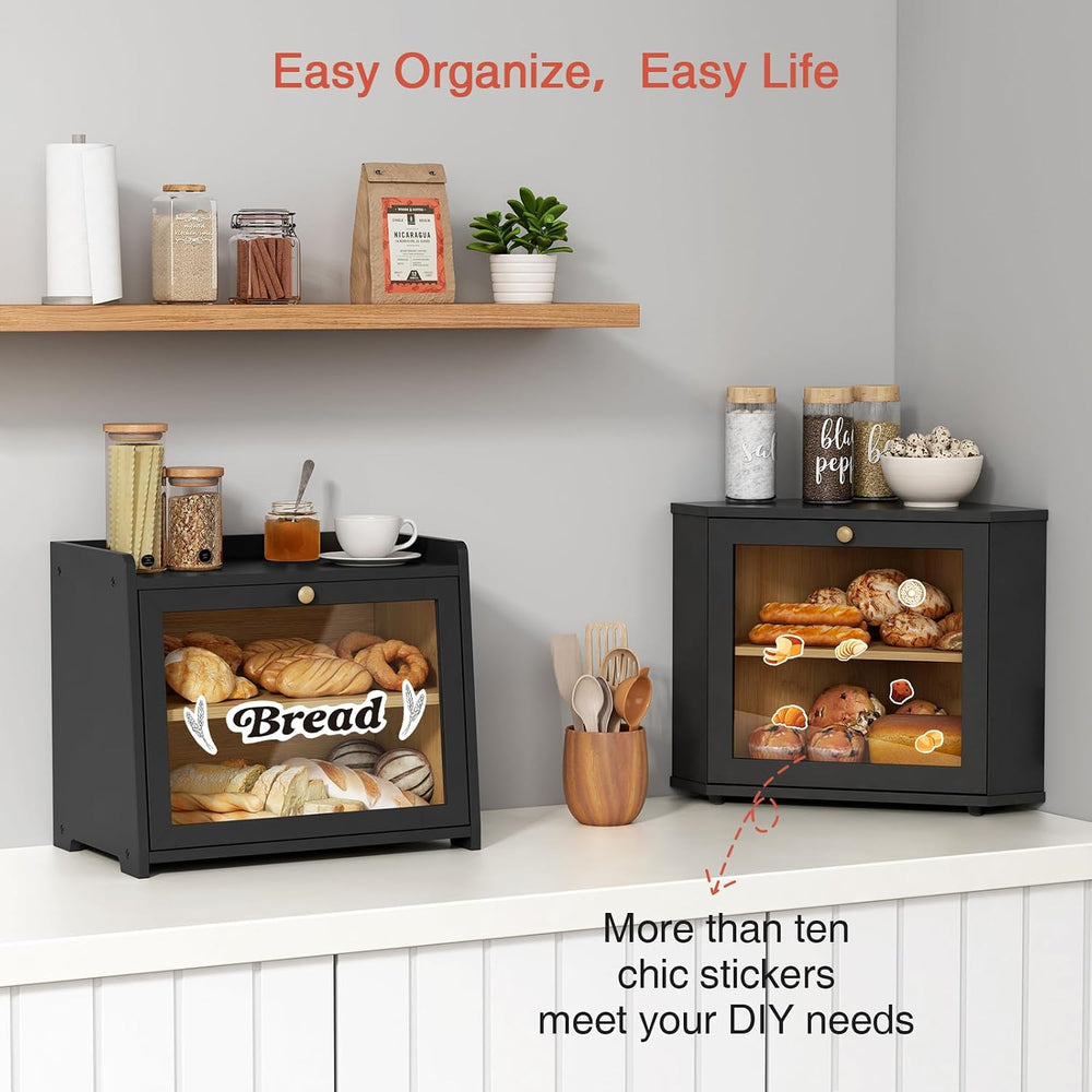 Goozii Corner Bread Box 2 Tier, Double Layer Black Breadbox for Countertop