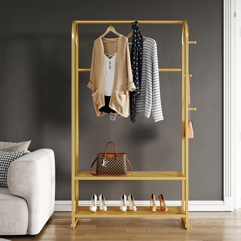 Gold Clothing Rack with 2 Shelves and Side Hooks,Freestanding Metal Garment R...