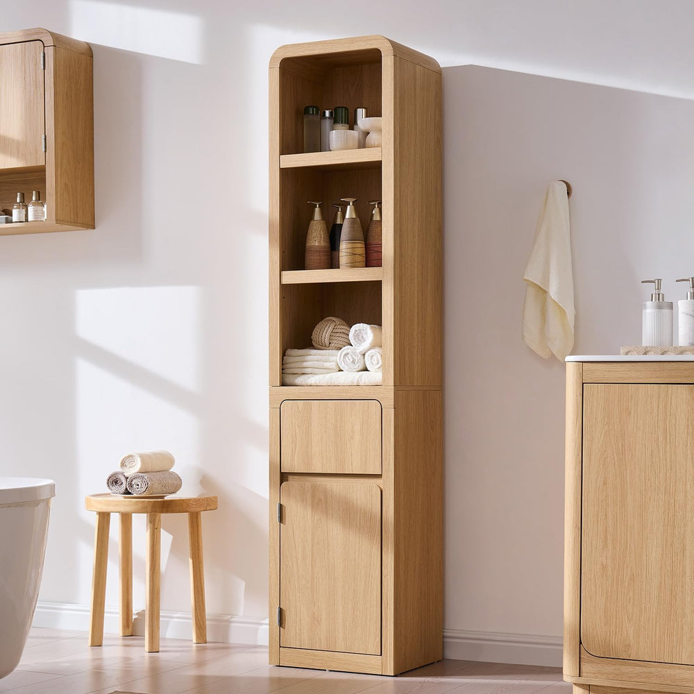 67" Tall Narrow Bathroom Storage Cabinet w/Door & Drawers, Natural
