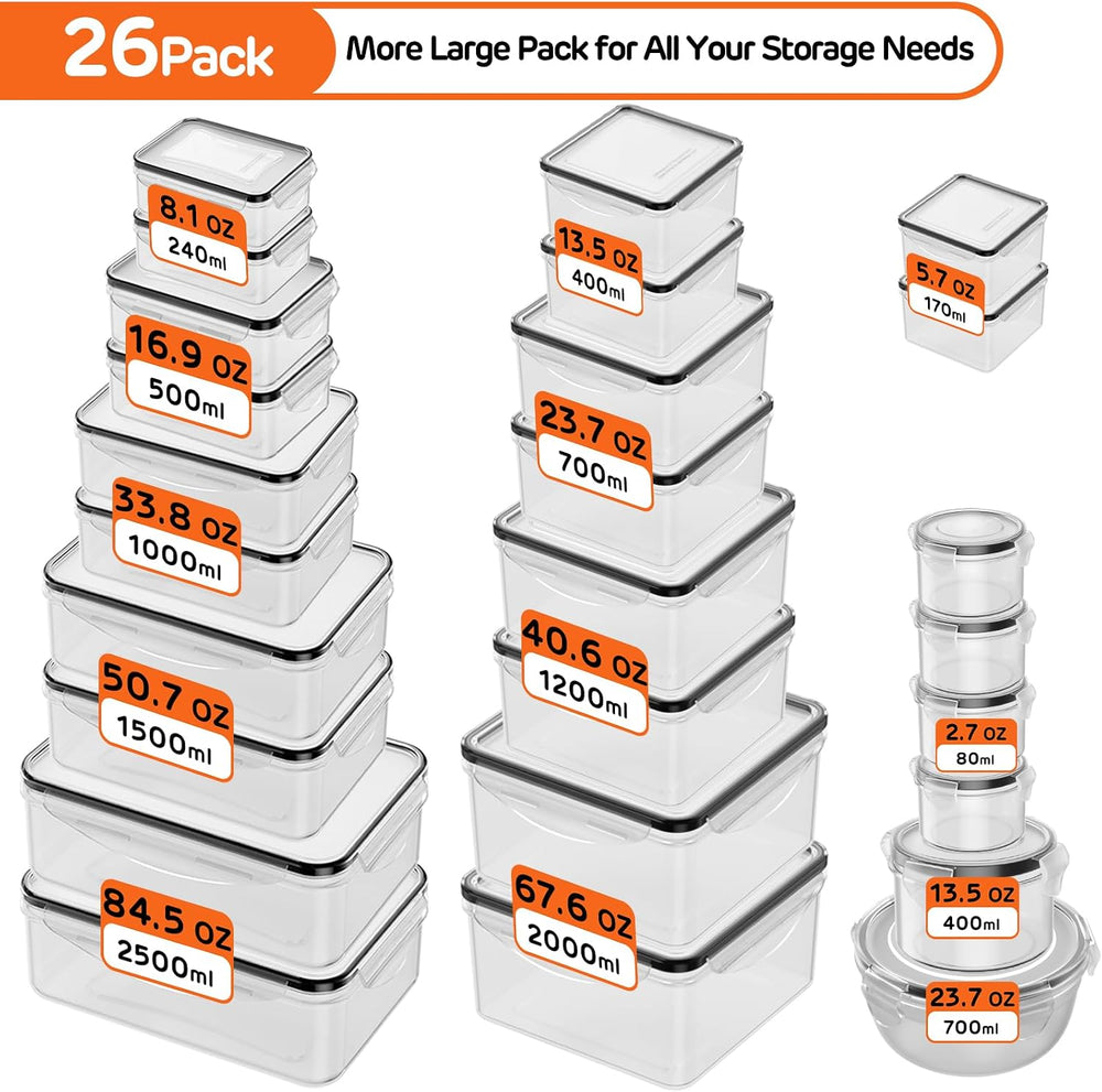 52 PCS Food Storage Container with Lid Airtight (26 Lids & 26 Containers)
