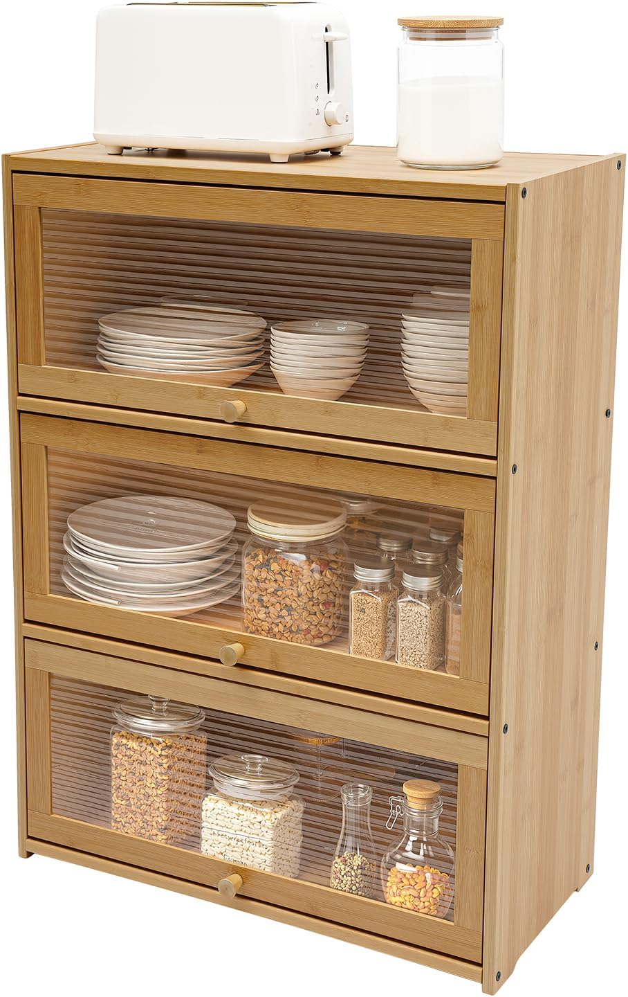 Bamboo Storage Cabinet Kitchen Pantry Sideboard with Acrylic Door Corner Brea...