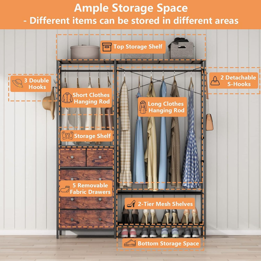 Freestanding Clothes Rack with 5 Drawers & 4 Storage Shelves,2 Hanging Rods