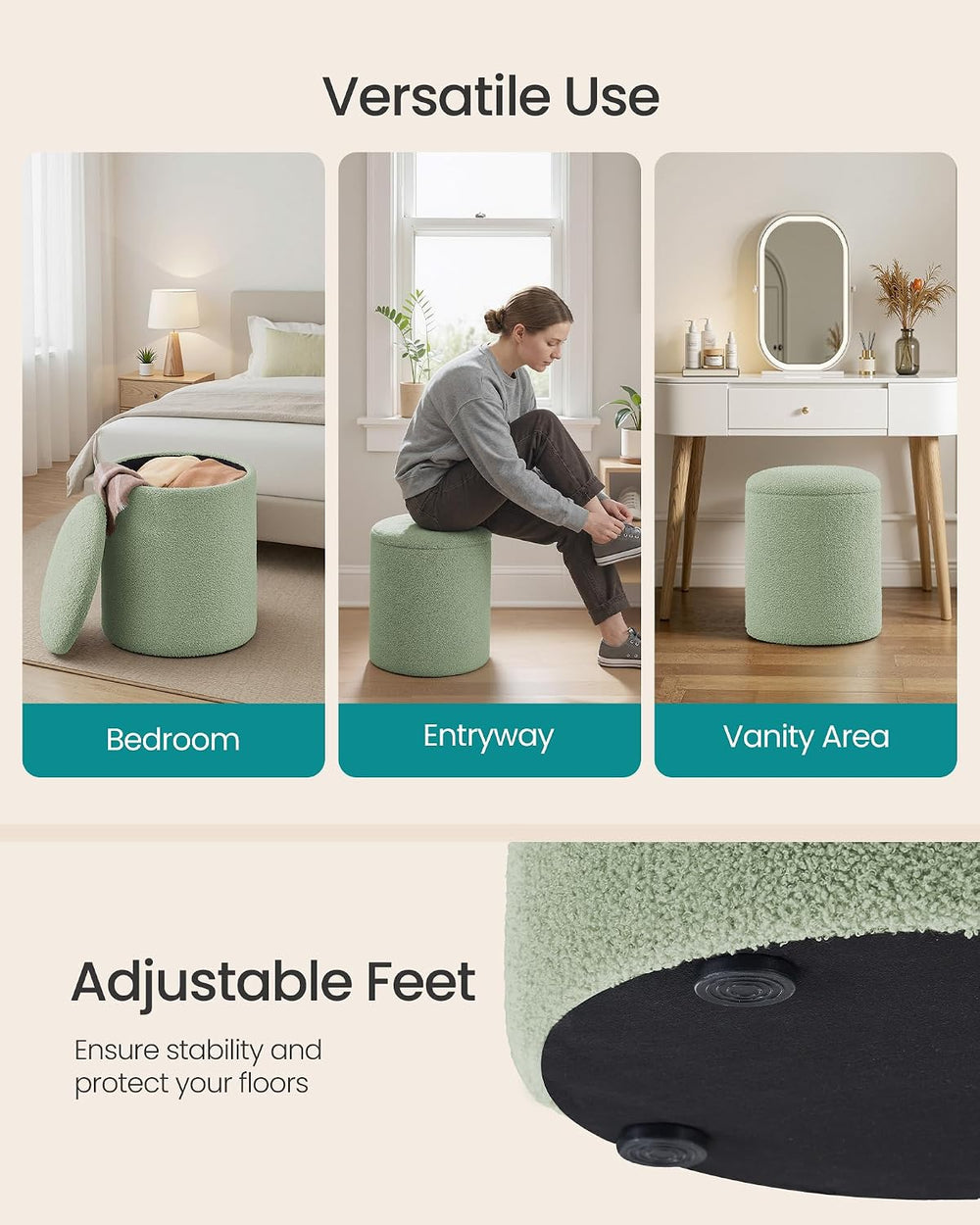 SONGMICS Vanity Stool, Set of 2, Round Storage Ottoman, Teddy Fleece