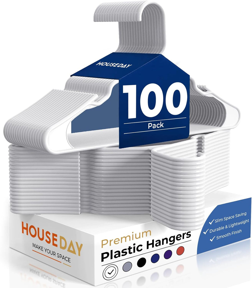 HOUSE DAY White Plastic Hangers 100 Pack, Slim Space Saving Clothes Hangers