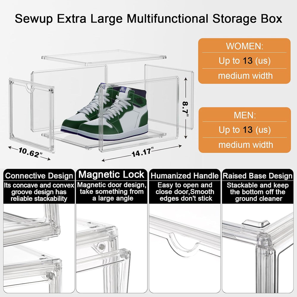 Clear Shoe Storage Boxes Stackable, Display Case With Magnetic Door, 4 Pack A...