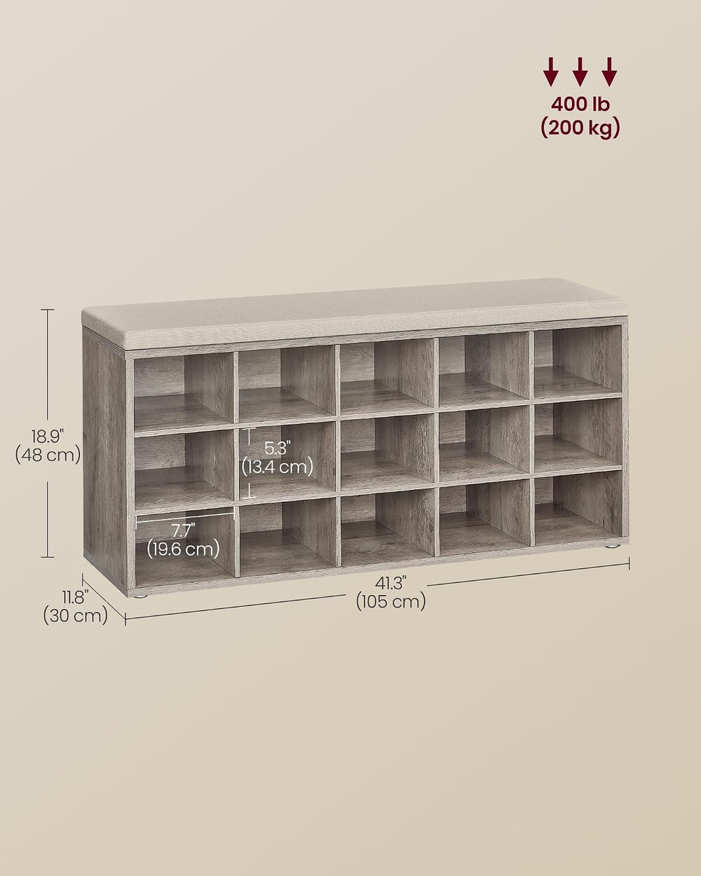 VASAGLE Shoe Bench with Cushion, 15 Compartments, 11.8 x 41.3 x 18.9 Inches