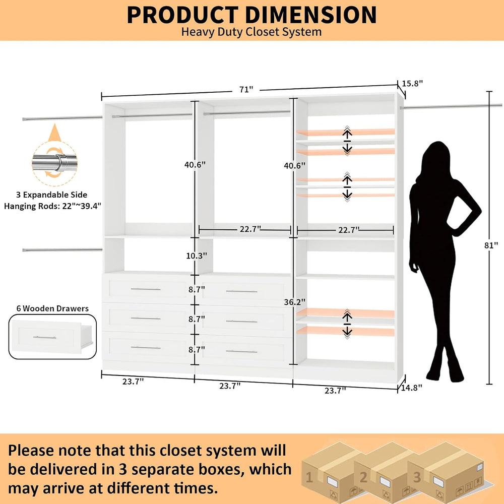 Closet System with 3 Sets, 6-15.8FT Custom Closet Organizer System with 6 Dra...