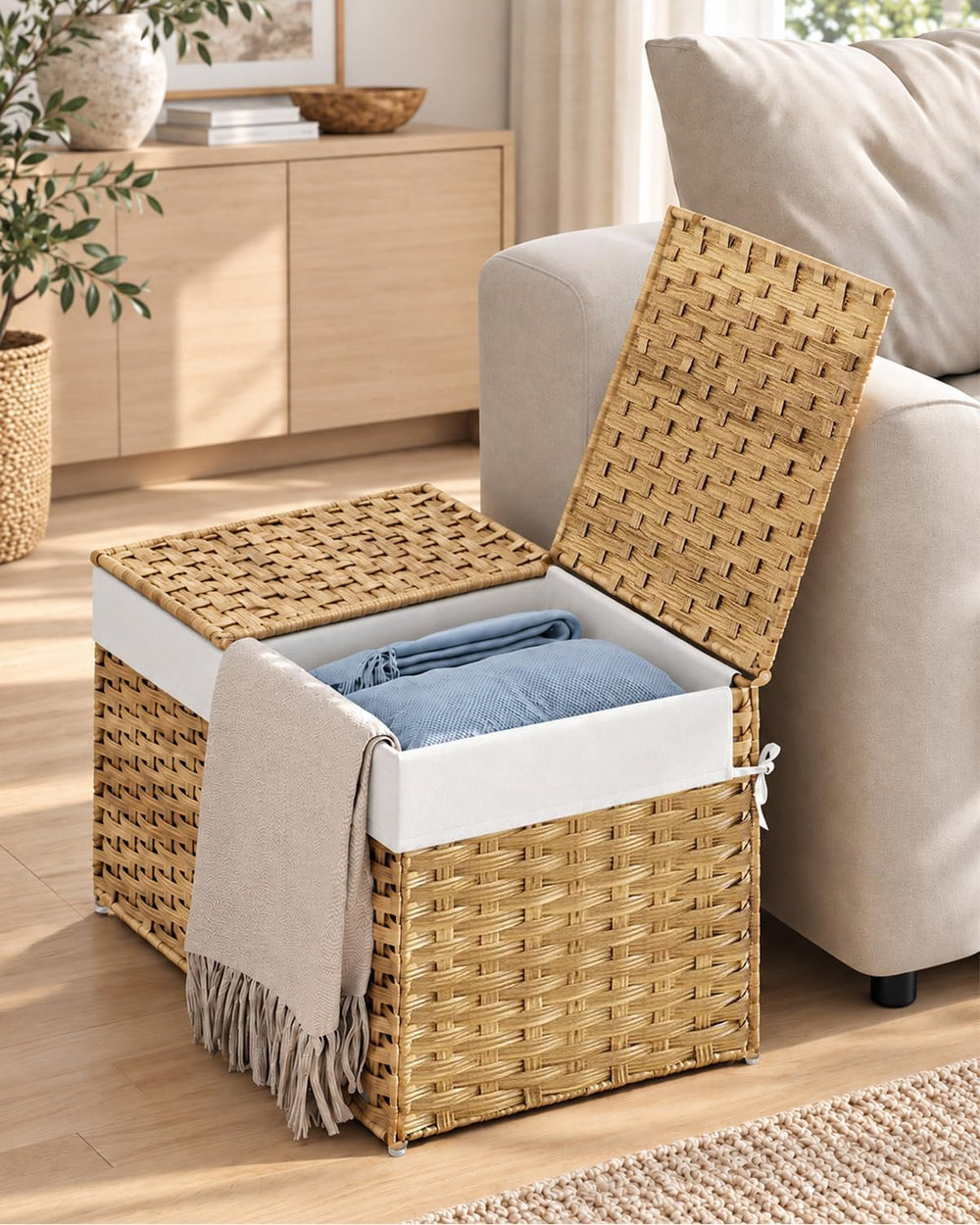 Storage Basket with Lid, 2-Lid PE Rattan Storage Bin, Natural