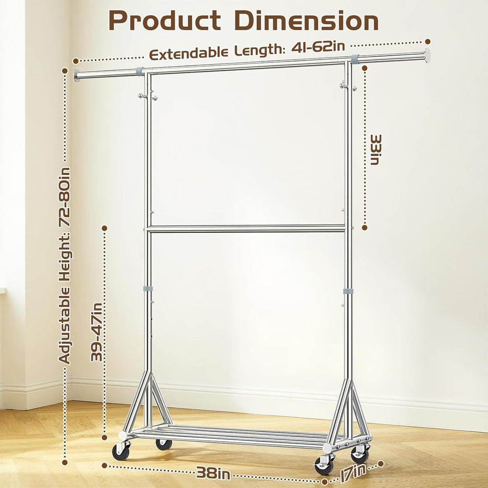 Heavy Duty Rolling Clothes Rack with Double Rods for Hanging Clothes, Adjusta...
