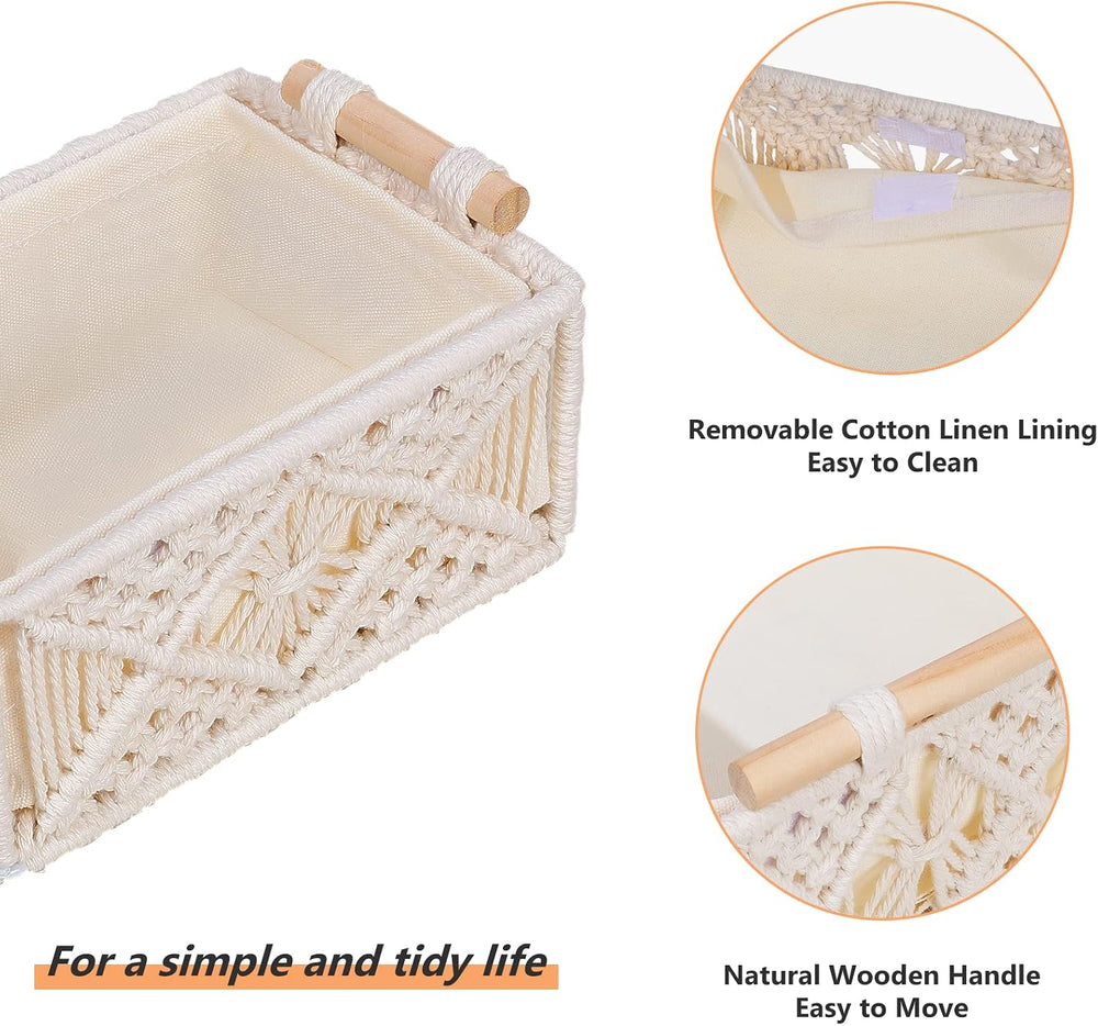 ANMINY 3PCS Decorative Macrame Baskets, with Removable Liner & Wood Handles