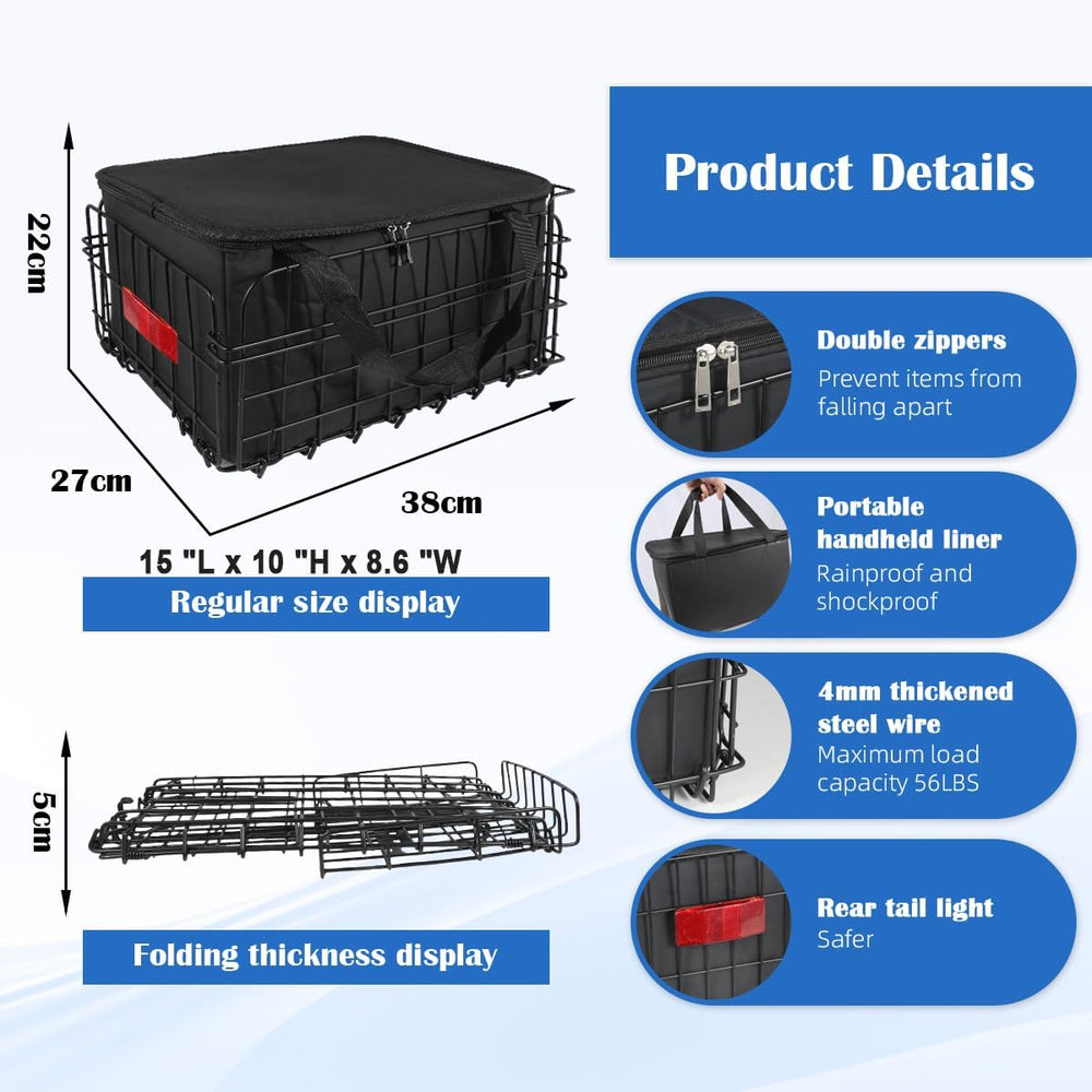 Bike Basket Rear, Folding Bicycle Basket with Removable Waterproof Liner Bag,...
