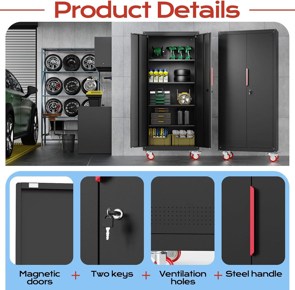 LMTC 71" H Garage Storage Cabinet with 4 Adjustable Shelves and Wheels, ...