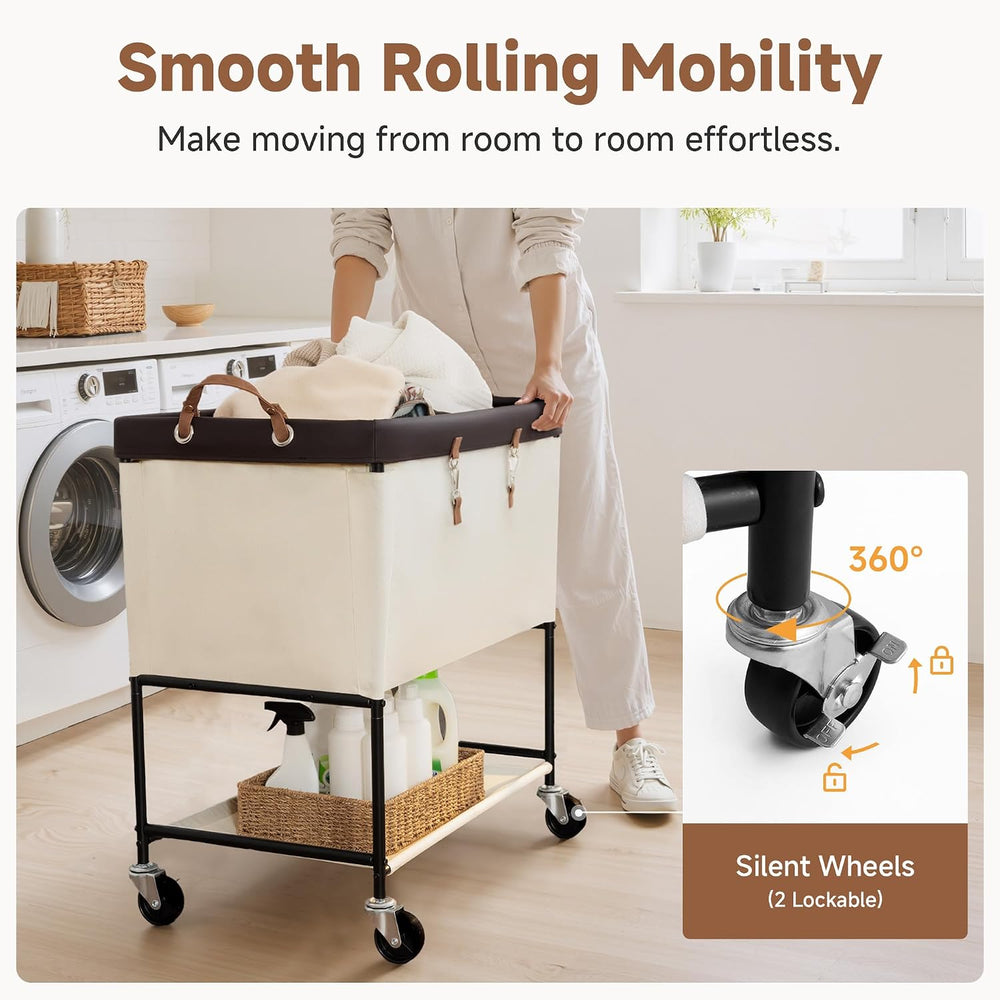 StorageWorks Laundry Cart, 2 Tier Rolling Basket with Wheels, 46 Gal, Beige