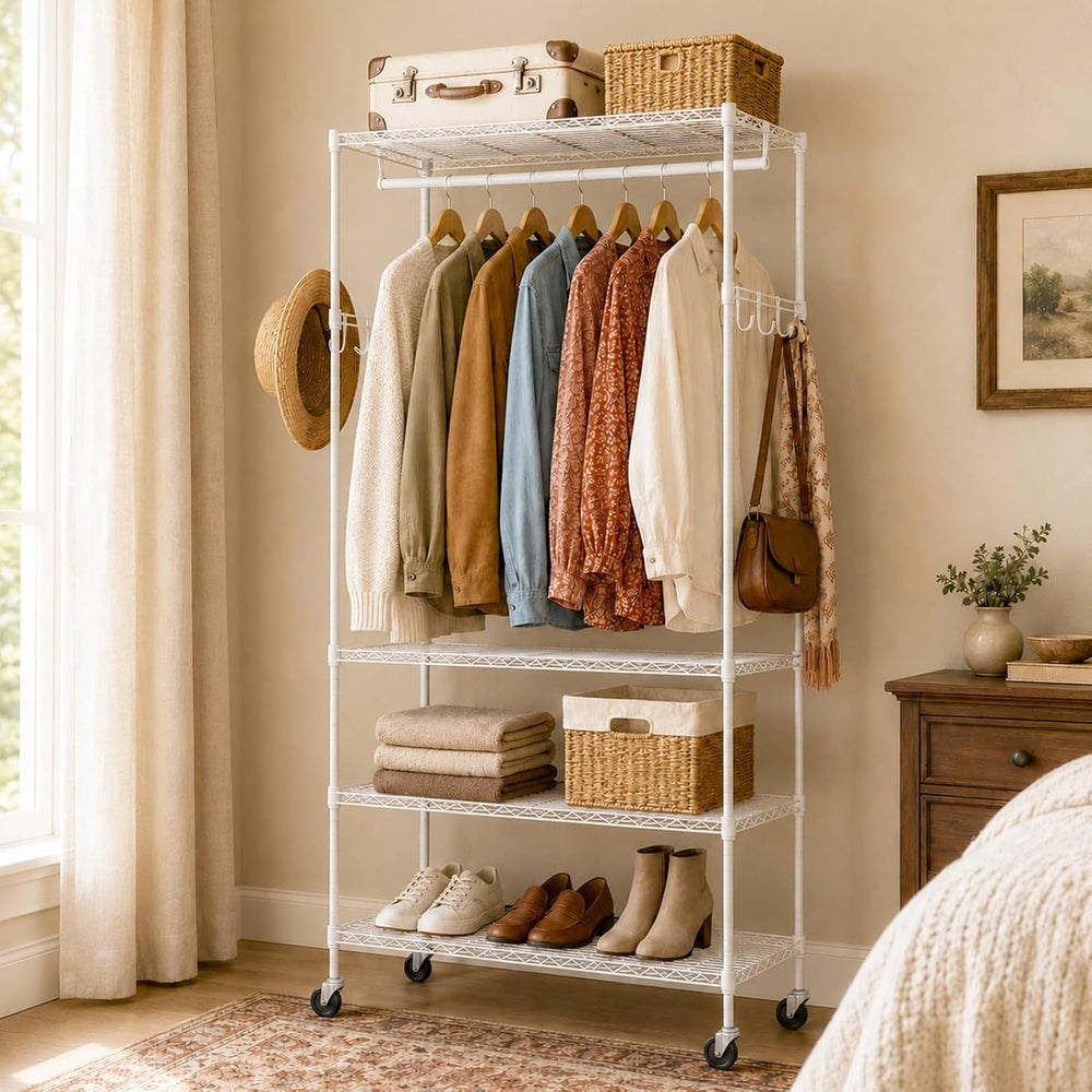 Rolling Clothes Rack for Portable Closet Organizers and Storage
