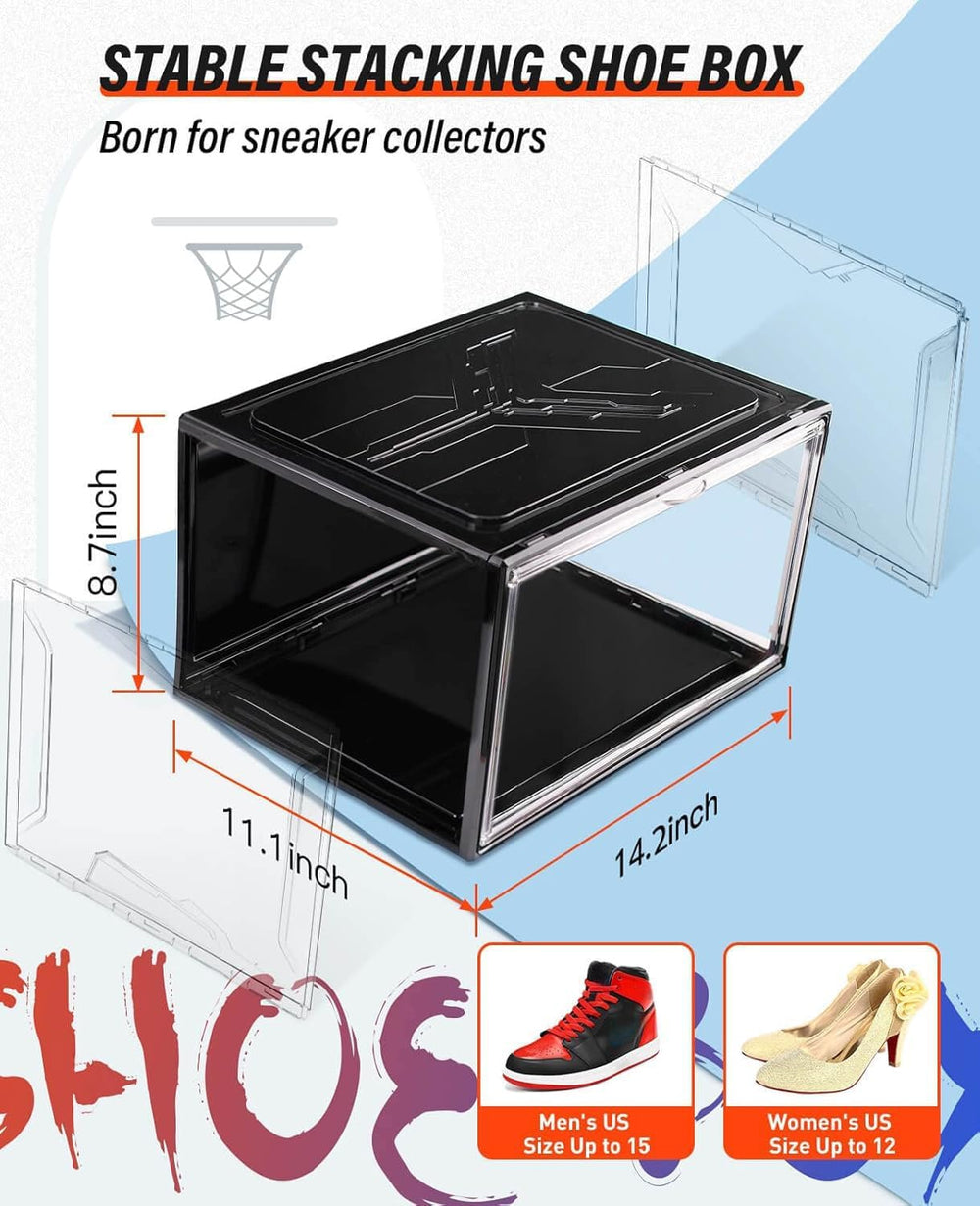 KDOR Shoe Boxes Black Plastic Stackable 10 Pack Sneaker Storage Boxes with Ma...