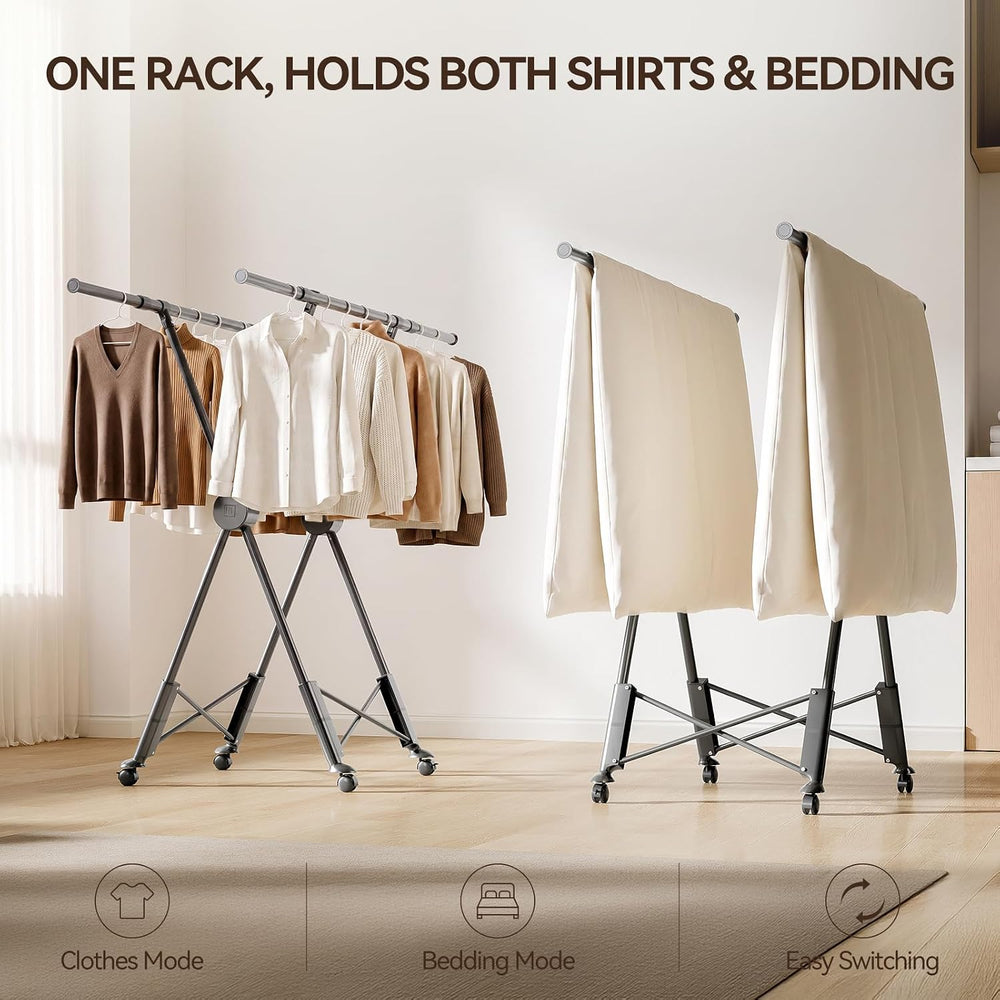 SUJI Clothes Drying Rack, Dual Rod with Wheels, Grey Foldable
