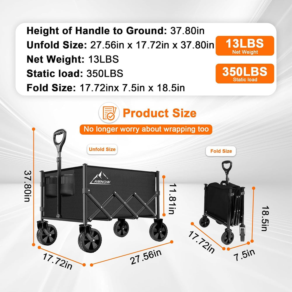 AMNOW 100L Collapsible Wagon Cart with All Terrain Wheels, 350LBS, Black
