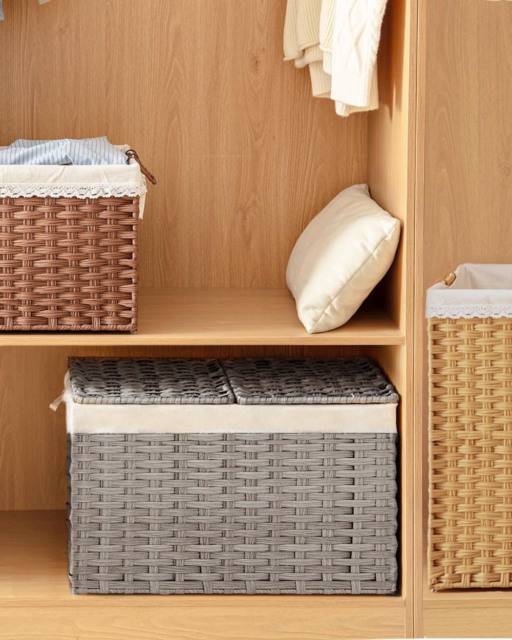 Storage Basket with Lid Wicker Baskets for Storage, 160L Gray