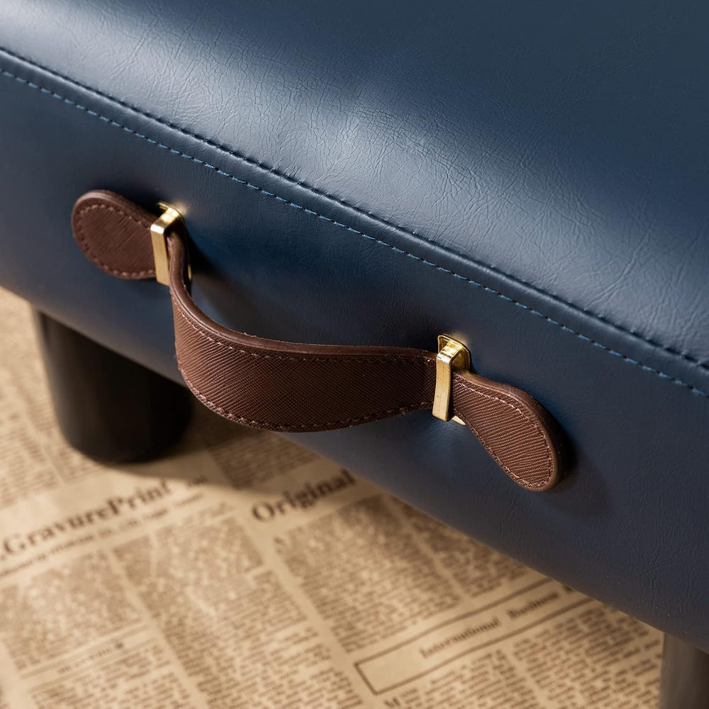 Small Foot Stool with Handle, Blue PU Leather Short Foot Stool Rest, Rectangl...