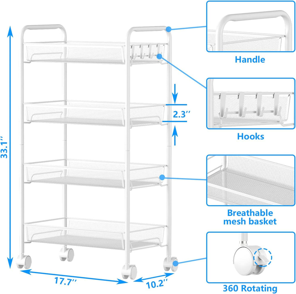 4-Tier Mesh Rolling Cart - 35 BLS/Tier Full Metal Cart with Wheel & 4 Hooks