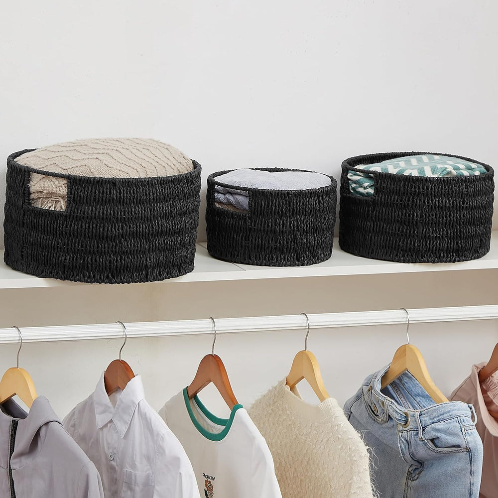 Wicker Storage Basket, Hand-Woven Paper Rope Large Round Woven Basket With Ha...