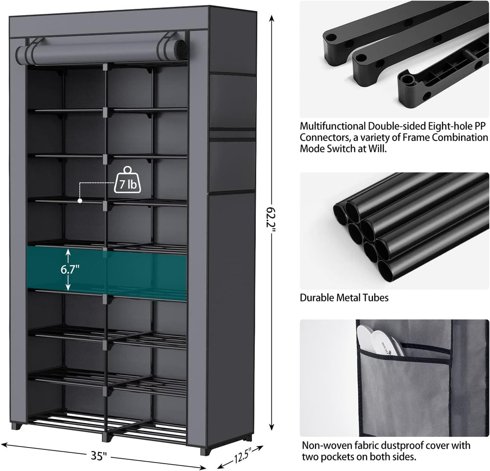 9-Tier Tall Black Shoe Rack, 36-40 Pairs with Gray Cover