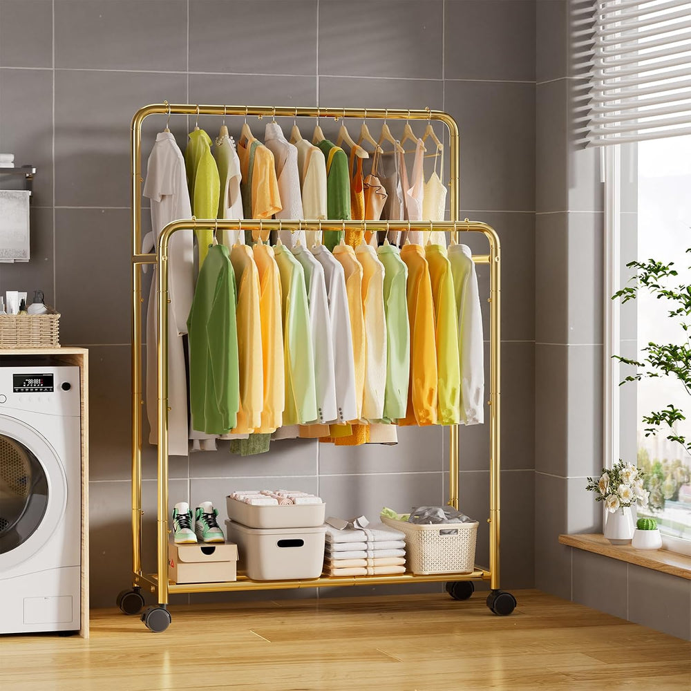 Simple Trending Clothing Clothes Rack Double Rods with Wheels, Rolling Metal ...